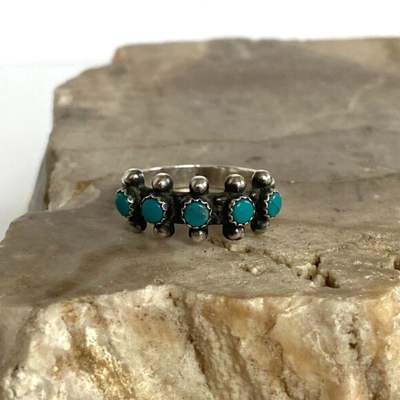 VTG Sterling Silver 925 Snake Eyes Round Turquoise Petit Point Ring Sz 5.75 - Picture 11 of 16